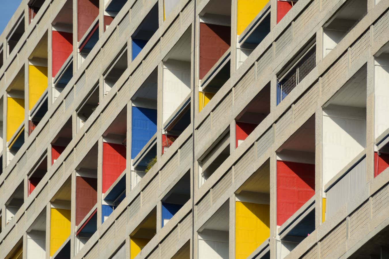 DYK07P Colourful Balconies Painted in Primary Colours of the Cite Radieuse or Unite d'Habitation by Le Corbusier Marseille or Marseilles France